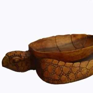 Large Hand Carved Mahogany Wood Nautical Turtle Fruit Nut Candy Bowl